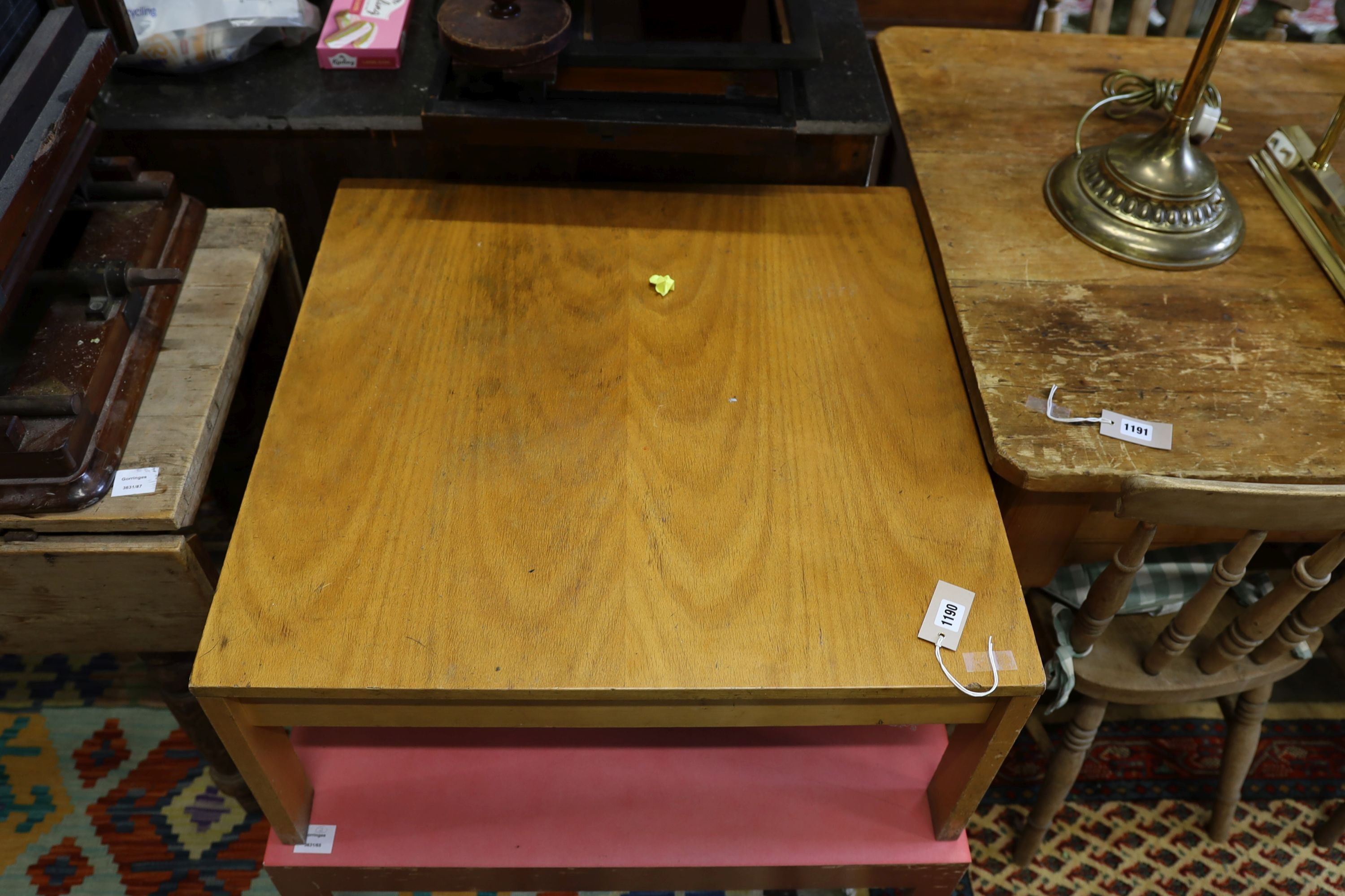 A Habitat red painted square topped coffee table and one other Habitat coffee table, width 73cm, height 34cm